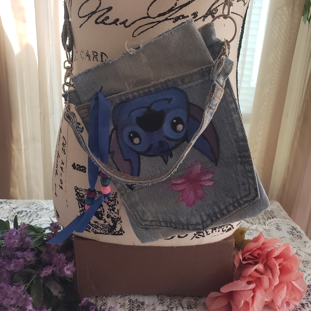 Denim Crossbody Bag with Cartoon Design
